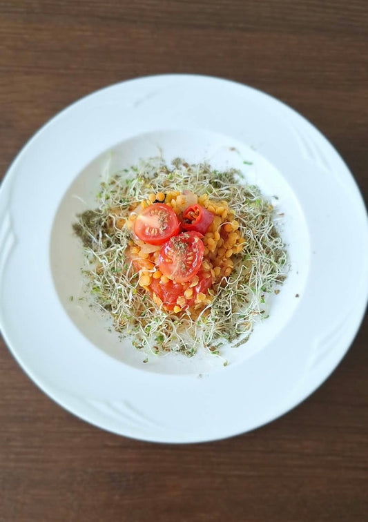 Rote-Linsen-Bowl mit Alfalfa-Sprossen & NATUROA Wildquell
